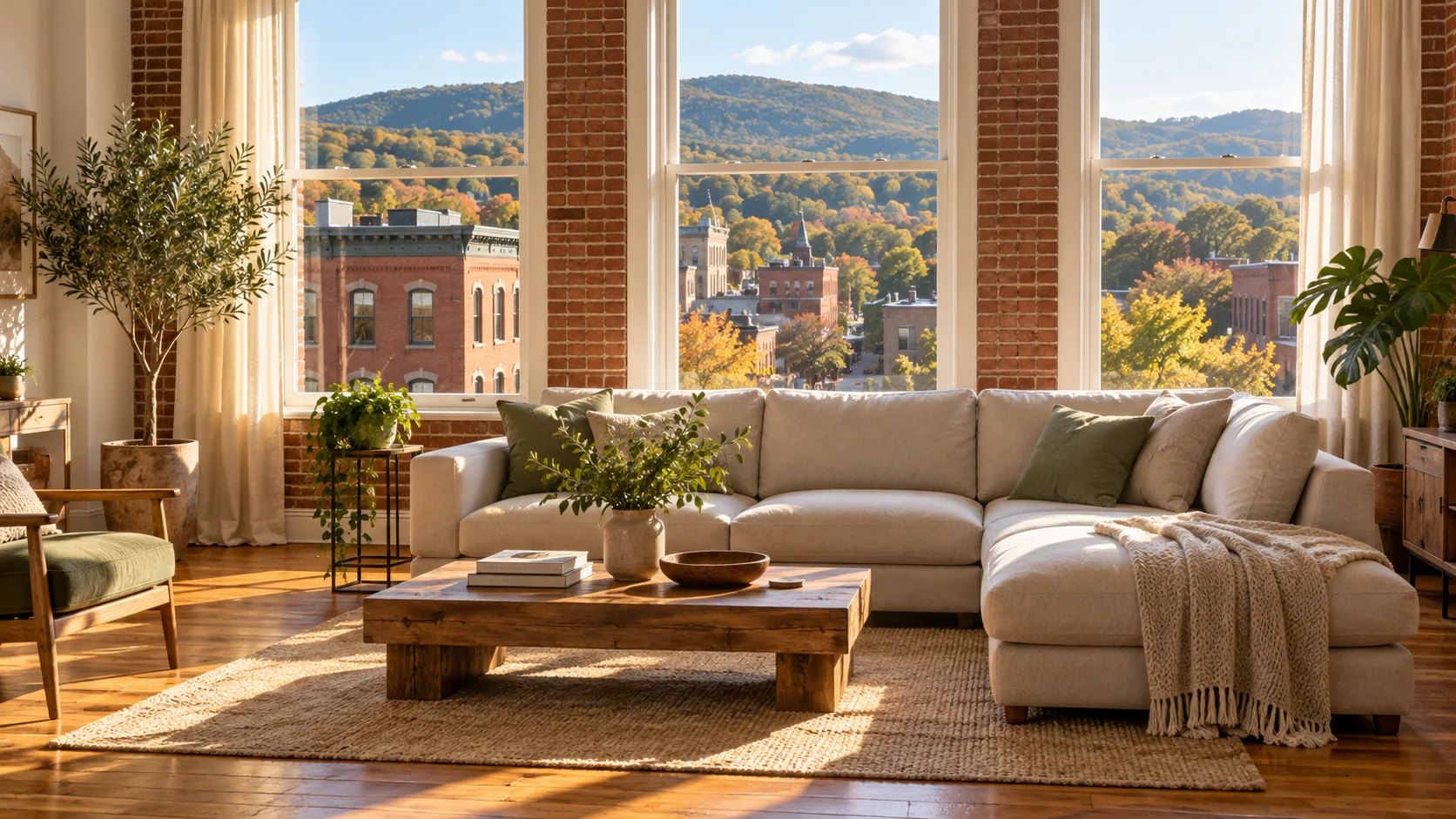 A bright apartment living room with tall windows and warm natural finishes