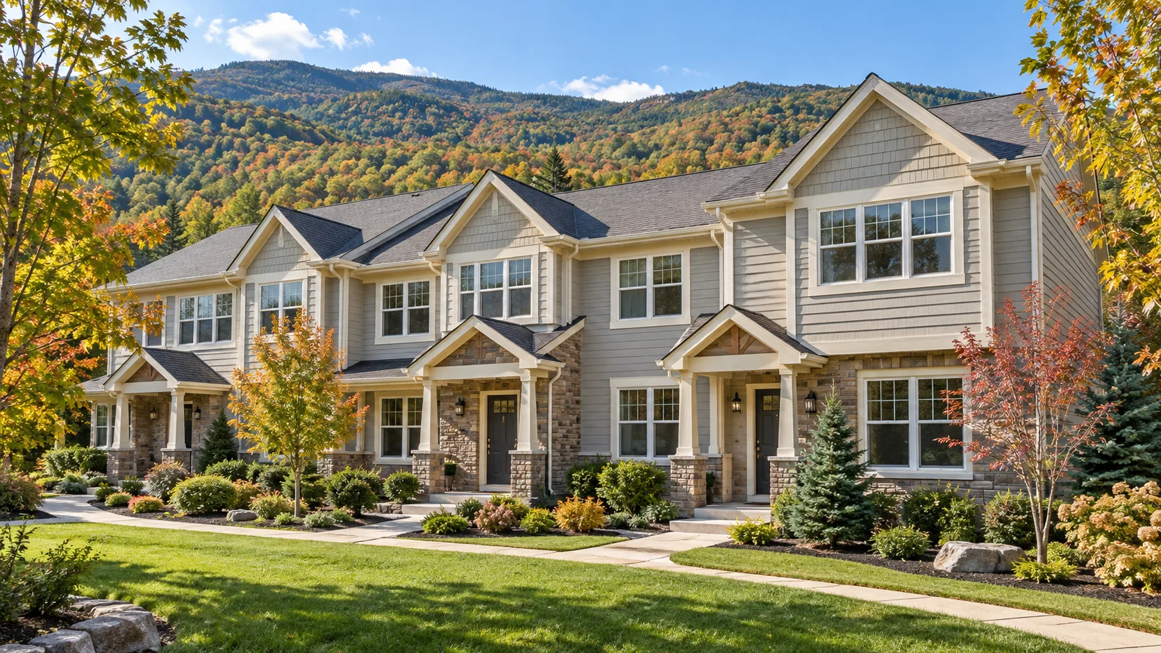 Illustrative townhomes with pitched roofs and landscaped front yards